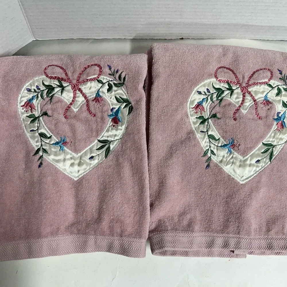 Vintage Pink Embroidered Heart Towel Set of 6
